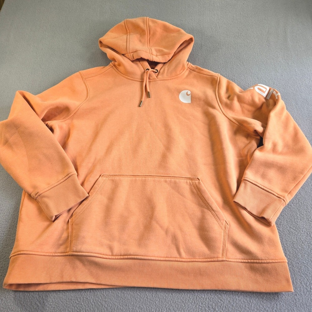 Carhartt Hoodie Womens 2X Orange Relaxed Fit Graphic Sleeve Pullover Sweatshirt